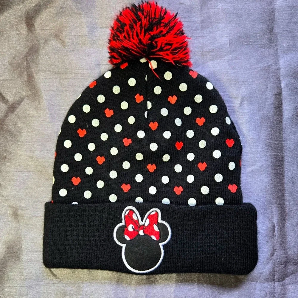 Disney‎ Minnie Mouse Kids Black Red Polka Dot Knit Beanie Hat with Pom Pom